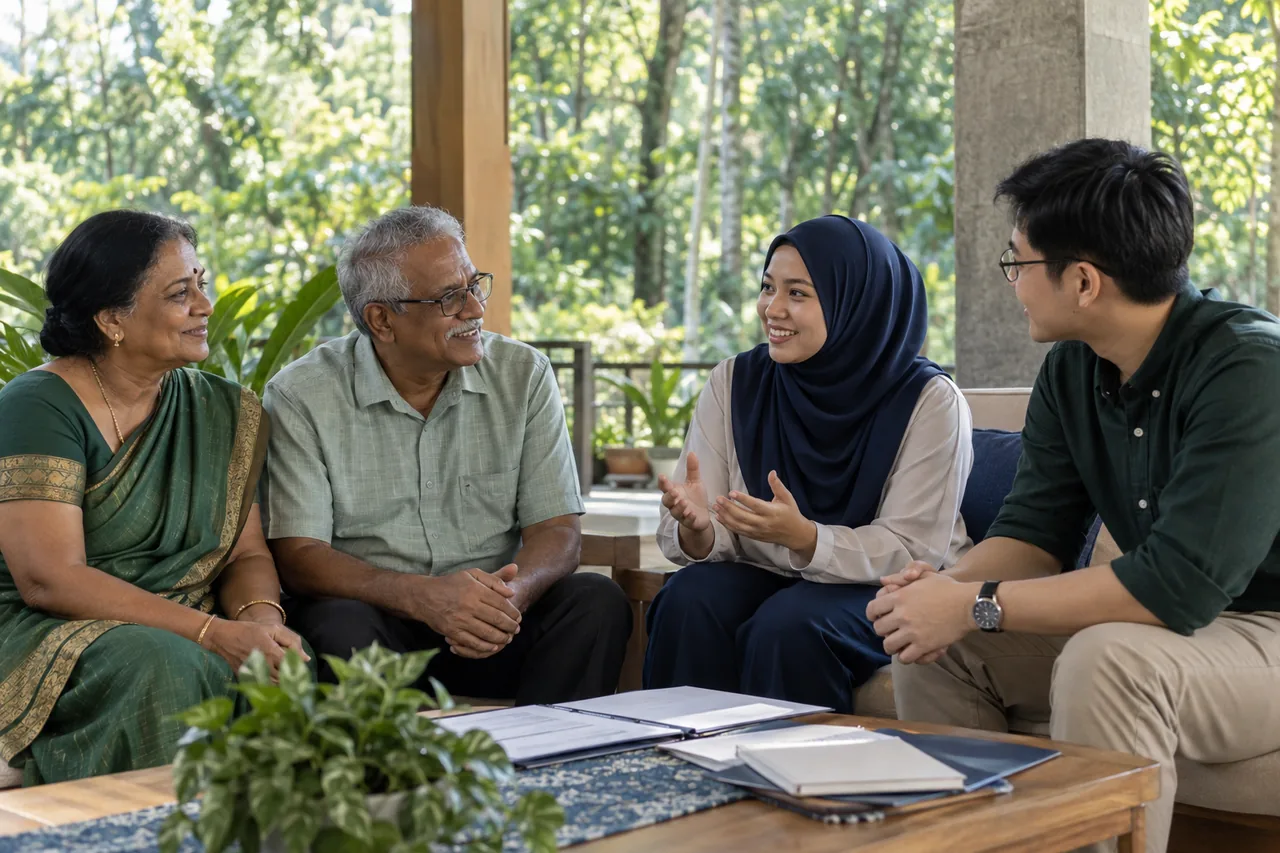 AI-generated Malaysian community members in conversation